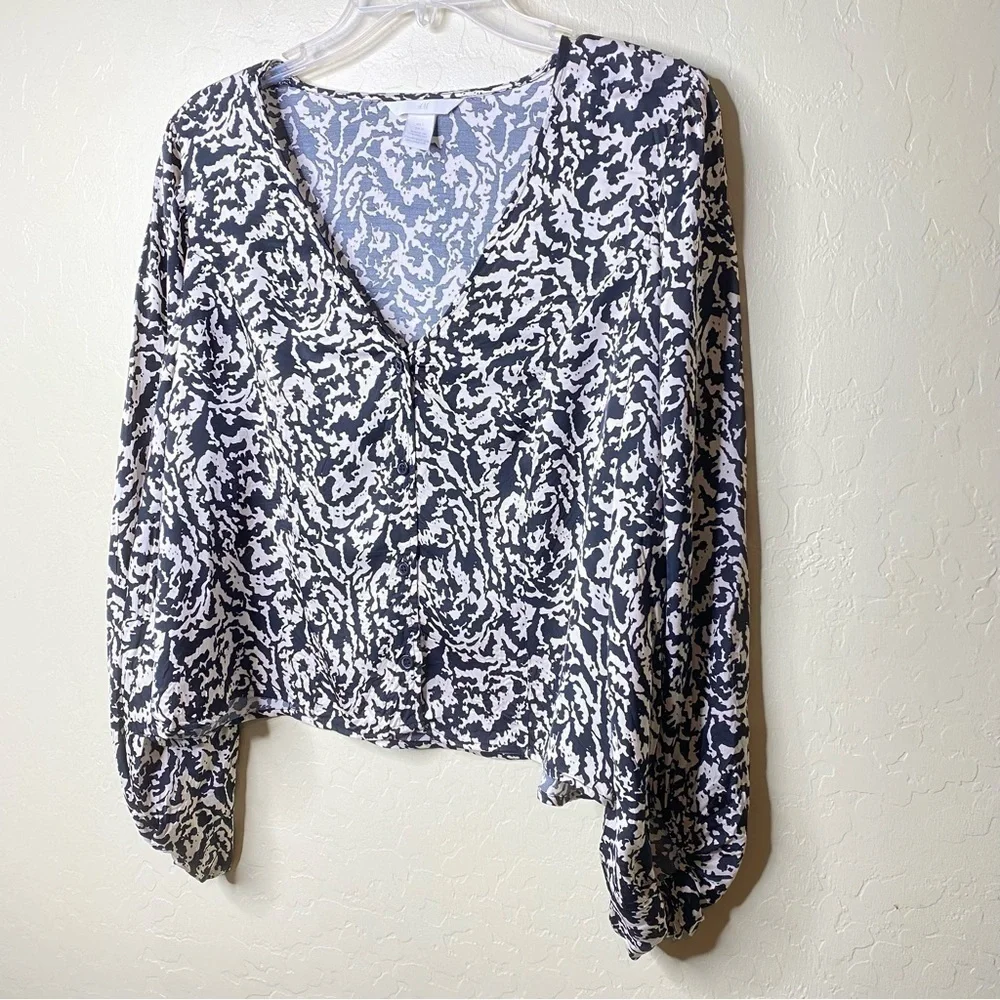H&M Black & Cream Patterned Blouse Top Nwot Size Large L